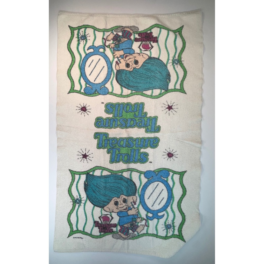 Vintage Treasure Trolls Beach Towel 90s Retro Blue Hair Troll Doll 39x25 Cream